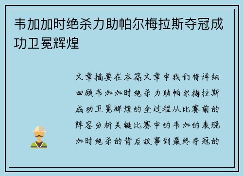 韦加加时绝杀力助帕尔梅拉斯夺冠成功卫冕辉煌 韦加加时绝杀力助帕尔梅拉斯夺冠成功卫冕辉煌